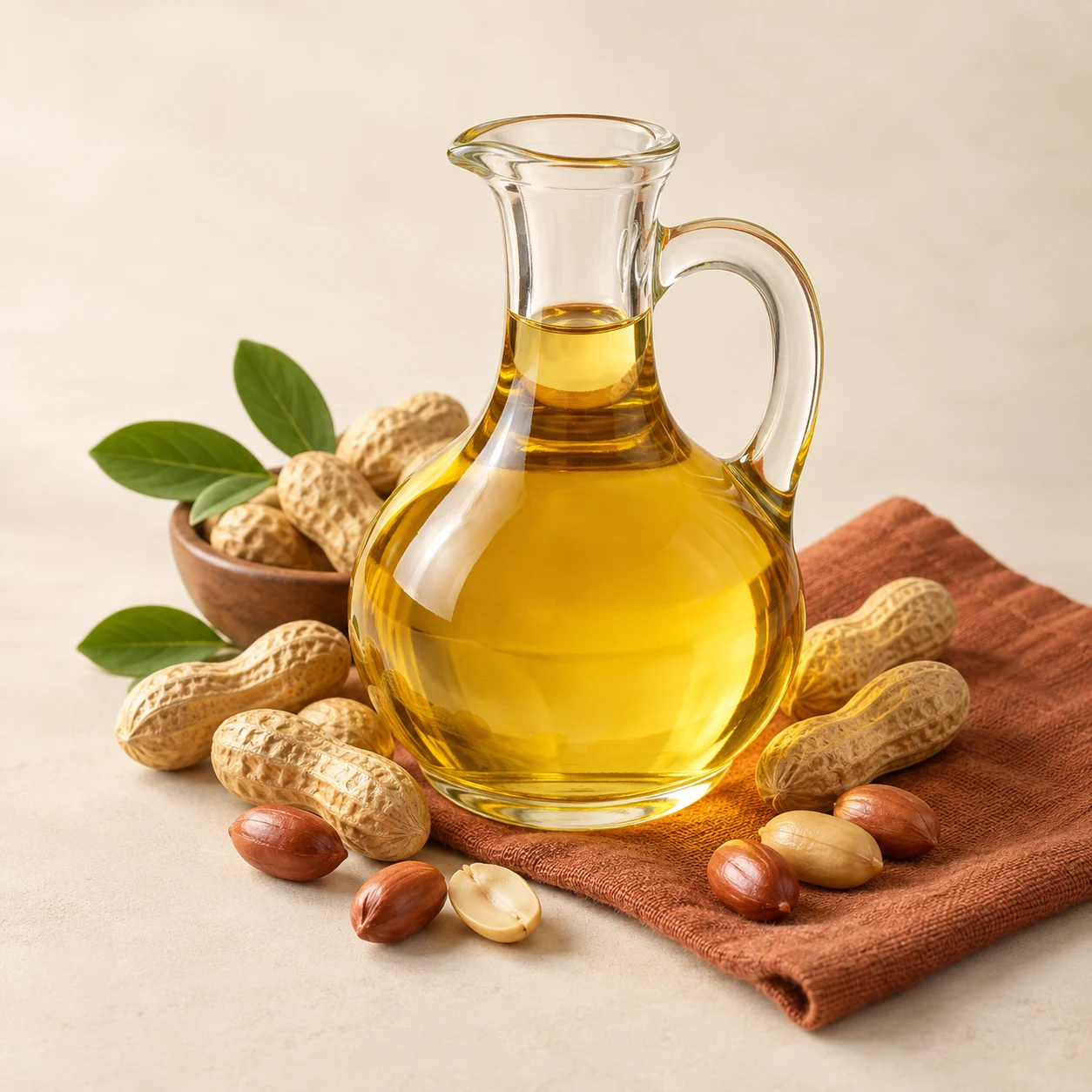Golden groundnut oil with peanuts — illustrative image
